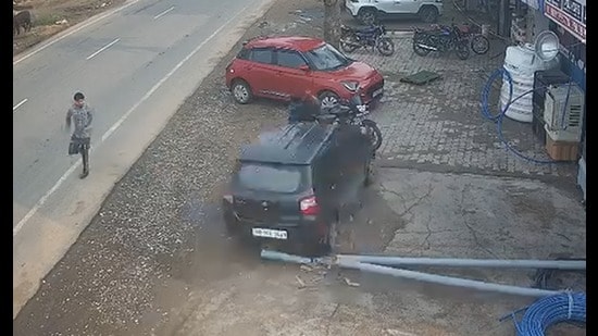 A screengrab of the CCTV video showing the moment when the car hit the man. (HT)