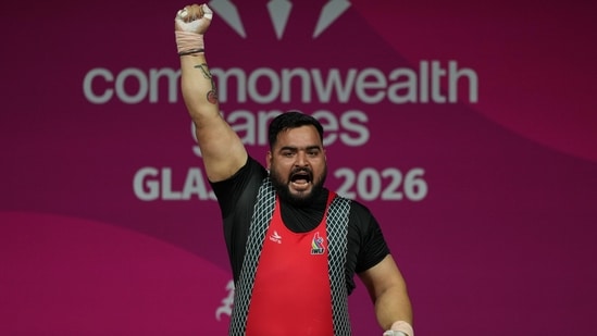 India's Lovepreet Singh reacts after setting a new game record in the men's +110kg Weightlifting Final at the Commonwealth Games in Glasgow