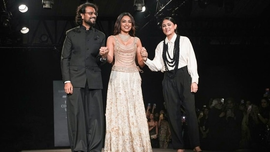(L-R) Rahul Mishra, Sobhita Dhulipala, and Divya Bhatt Mishra