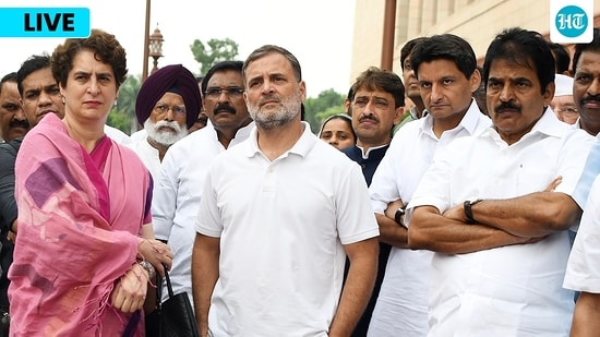 Lok Sabha LoP Rahul Gandhi, Congress MPs Priyanka Gandhi, KC Venugopal, and Deepender Singh Hooda, and other MPs at the Parliament premises during the ongoing Monsoon Session, in New Delhi on Wednesday.