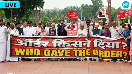 Opposition MPs stage a protest at Makar Dwar during the ongoing Monsoon Session of Parliament, in New Delhi on Thursday. Opposition MPs stage a protest at Makar Dwar during the ongoing Monsoon Session of Parliament, in New Delhi on Thursday.