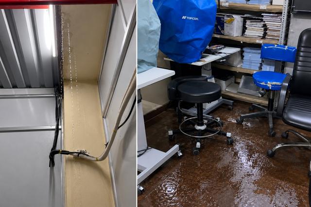 Screengrabs from a video shared with HT showing water dripping from the ceiling of a room at Civil Hospital on Tuesday. (Sourced) Screengrabs from a video shared with HT showing water dripping from the ceiling of a room at Civil Hospital on Tuesday. (Sourced)