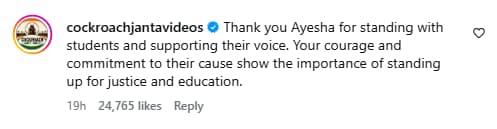 Cockroach Janta Party's official Instagram handle commented on Ayesha Khan's post. (Instagram) Cockroach Janta Party's official Instagram handle commented on Ayesha Khan's post. (Instagram)
