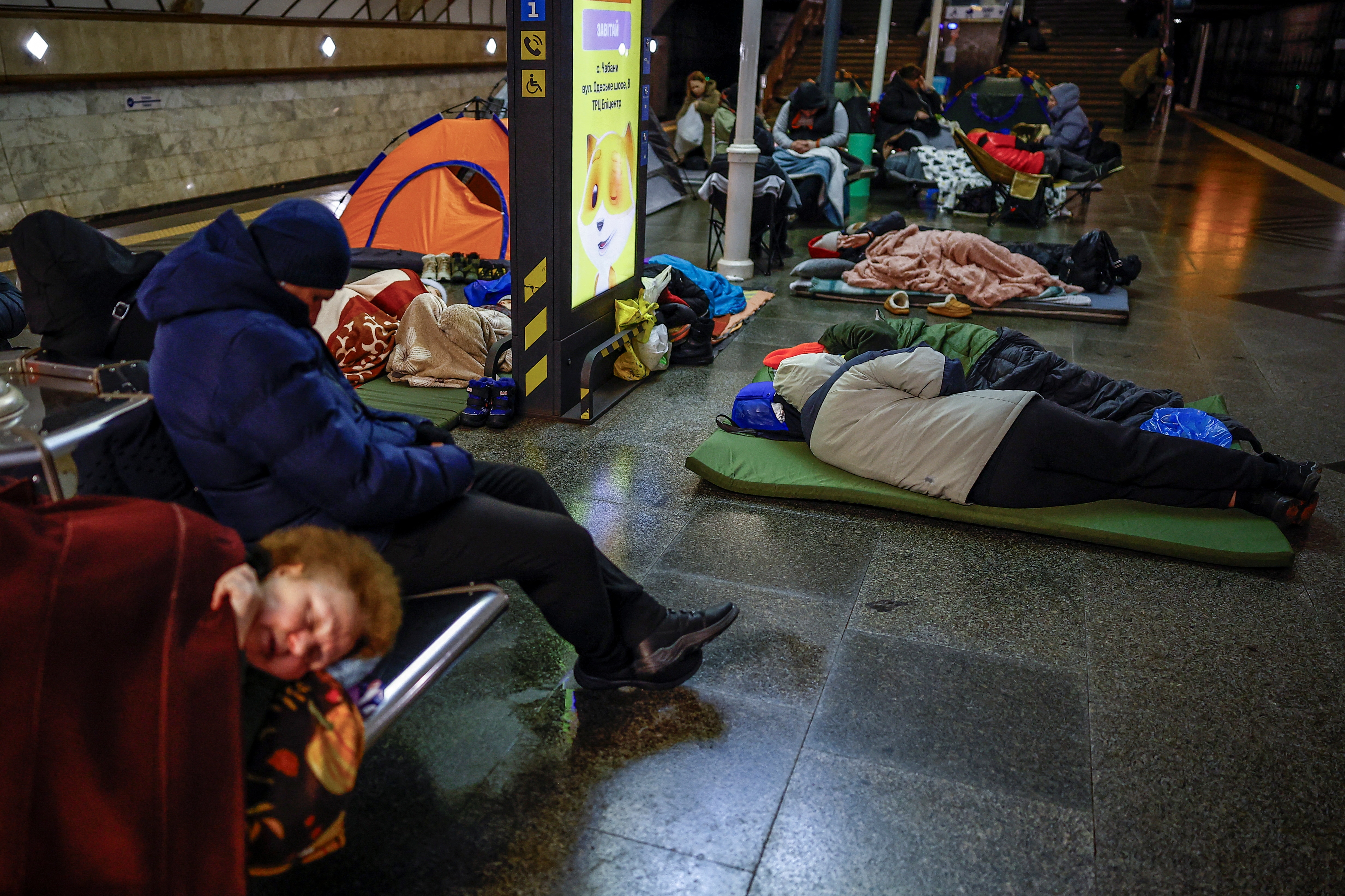 People sleep as they take shelter inside a metro station during a Russian overnight missile and drone strike, amid Russia's attack on Ukraine, in Kyiv, Ukraine February 7, 2026. (REUTERS)