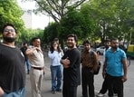 Students at Jantar Mantar after the Cockroach Janata Party (CJP) called off its agitation following the resignation of Union Education Minister Dharmendra Pradhan, in New Delhi, India, on Sunday, July 26
