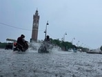 A waterlogged street in front of the Clock Tower, in the Old City area of Lucknow (HT FIle Photo)