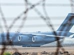 An US Air Force C-17 Globemaster III aircraft carrying undocumented Indian migrants deported by the US lands at Sri Guru Ram Dass Jee International Airport in Amritsar, Punjab, on Feb. 5, 2025. (Bloomberg FILE)