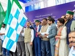 Himachal Pradesh chief minister Sukhvinder Singh Sukhu flags off 297 new Type-I electric buses from Kyarighat for deployment across various depots of the Himachal Road Transport Corporation (HRTC), in Solan on Thusrday. (ANI Photo)