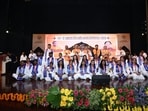 Medal winners at the 13th Convocation of DSMNRU in Lucknow on Friday (HT Photo)