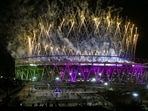 Ahmedabad: Fireworks light up the sky over the Narendra Modi Stadium after the Royal Challengers Bengaluru win the Indian Premier League (IPL) 2026 final cricket match, in Ahmedabad, Gujarat, early Monday, June 1, 2026. (PTI Photo) (PTI06_01_2026_000093B)