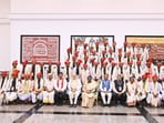 President Droupadi Murmu interacts with members of the Bastar delegation led by Chhattisgarh Chief Minister Vishnu Deo Sai at Rashtrapati Bhavan in New Delhi.