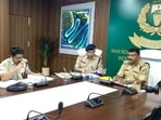 Top police officers from Jharkhand, West Bengal and Odisha attend an inter-state border coordination meeting chaired by Kolhan DIG Anuranjan Kisphotta in Chaibasa on Thursday. (HT Photo)