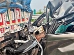Two brothers, both crusher operators from Narnaul, and their driver were killed after their car rammed into a moving truck on the NH-152D near Rohtak early on Thursday morning. (Manoj Dhaka/HT)
