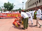 Lok Sabha LoP Rahul Gandhi, Independent MP Rajesh Ranjan (Pappu Yadav) and other Opposition MPs protest at the Makar Dwar of the Parliament over the issue of alleged Ayodhya Ram Mandir donations embezzlement, during the ongoing Monsoon Session.