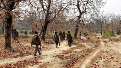 Security force personnel patrol after an attack by Maoist fighters in Bijapur in Chhattisgarh.