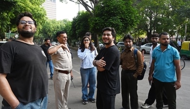Students at Jantar Mantar after the Cockroach Janata Party (CJP) called off its agitation following the resignation of Union Education Minister Dharmendra Pradhan, in New Delhi, India, on Sunday, July 26 (Arvind Yadav/HT FILE)
