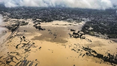 An aerial view of flood-affected areas of Jajpur, Bhadrak and Baleswar in Odisha. (PTI) An aerial view of flood-affected areas of Jajpur, Bhadrak and Baleswar in Odisha. (PTI)