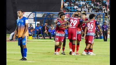 File image of players of Jamshedpur FC (red) celebrating after defeating Defenders FC, 5-0, during the 135th Durand Cup football match, in Ranchi in July. (PTI) File image of players of Jamshedpur FC (red) celebrating after defeating Defenders FC, 5-0, during the 135th Durand Cup football match, in Ranchi in July. (PTI)