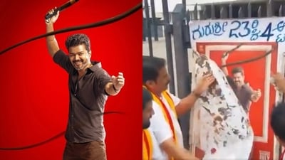 Vijay's Jana Nayagan posters were torn in Karnataka by protesters. Vijay's Jana Nayagan posters were torn in Karnataka by protesters.