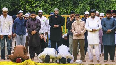 Muslims offered Friday prayers at a temporary site near Bhojshala in Dhar after the Supreme Court directed the MP government to facilitate prayers. (PTI) Muslims offered Friday prayers at a temporary site near Bhojshala in Dhar after the Supreme Court directed the MP government to facilitate prayers. (PTI)