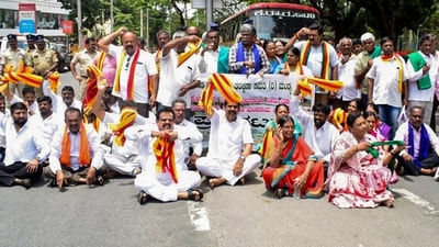 Demonstrators, including some women protesters were seen symbolically eating grass to express their opposition (PTI) Demonstrators, including some women protesters were seen symbolically eating grass to express their opposition (PTI)