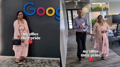 A Google employee showed his parents around his Bengaluru office, creating a heartwarming family moment. (Instagram/bug_to_feature) A Google employee showed his parents around his Bengaluru office, creating a heartwarming family moment. (Instagram/bug_to_feature)