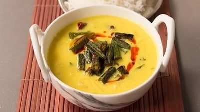 This bhindi kadhi recipe by chef Sanjeev Kapoor merges sautéed ladies' fingers with a rich, spiced yoghurt base. (Pic: Sanjeev Kapoor) This bhindi kadhi recipe by chef Sanjeev Kapoor merges sautéed ladies' fingers with a rich, spiced yoghurt base. (Pic: Sanjeev Kapoor)