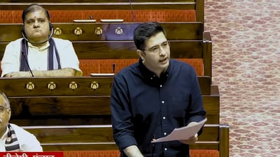 Raghav Chadha made the remarks during the discussion on the Public Examinations (Amendment) Bill, 2026, which came up in the Rajya Sabha a day after it was passed by the Lok Sabha. (Screengrab/Sansad TV) Raghav Chadha made the remarks during the discussion on the Public Examinations (Amendment) Bill, 2026, which came up in the Rajya Sabha a day after it was passed by the Lok Sabha. (Screengrab/Sansad TV)