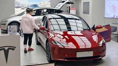 A Model 3 on display at a Tesla store in Shanghai.
