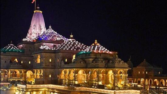 A view of Shri Ram Janmabhoomi Mandir during the inauguration of permanent architectural night illumination, in Ayodhya on Friday. (@ShriRamTeerth X/ANI Photo)