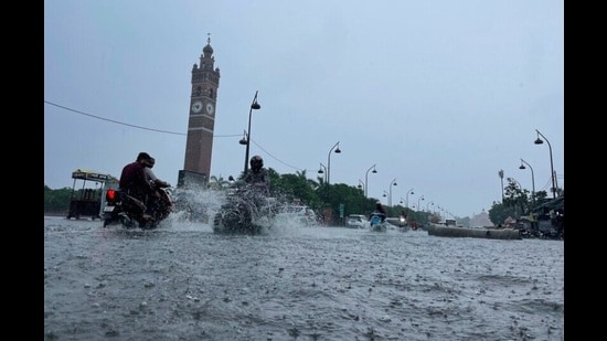 A waterlogged street in front of the Clock Tower, in the Old City area of Lucknow (HT FIle Photo)