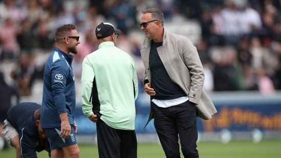 Michael Vaughan with Brendon McCullum during the series against New Zealand.
