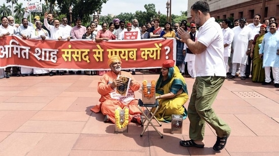 Lok Sabha LoP Rahul Gandhi, Independent MP Rajesh Ranjan (Pappu Yadav) and other opposition MPs protest in Parliament premises over the alleged donation theft in Ram Temple. (ANI)