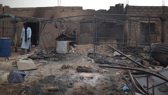 A damaged building is seen after an attack.