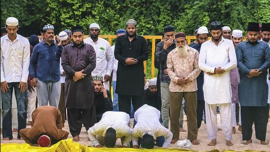 Muslims offered Friday prayers at a temporary site near Bhojshala in Dhar after the Supreme Court directed the MP government to facilitate prayers. (PTI)