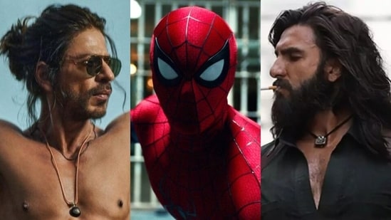 Shah Rukh Khan, Tom Holland and Ranveer Singh in Pathaan, Spider-Man Brand New Day and Dhurandhar. 