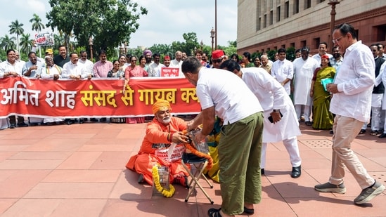 Lok Sabha LoP Rahul Gandhi, Independent MP Rajesh Ranjan (Pappu Yadav) and other Opposition MPs protest at the Makar Dwar of the Parliament over the issue of alleged Ayodhya Ram Mandir donations embezzlement, during the ongoing Monsoon Session.