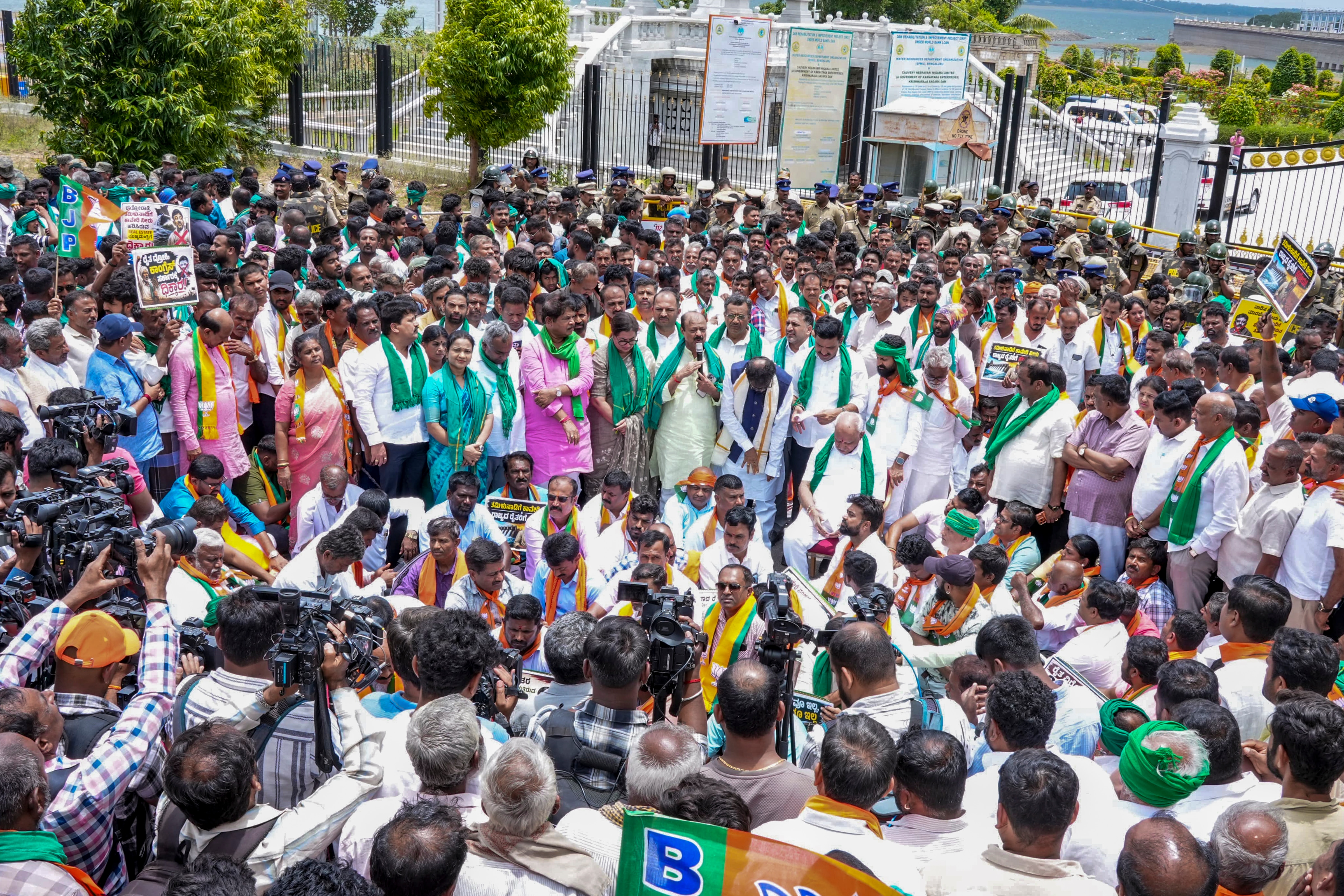 Karnataka BJP leaders protest against the release of Cauvery water to Tamil Nadu, in Bengaluru. (PTI) Karnataka BJP leaders protest against the release of Cauvery water to Tamil Nadu, in Bengaluru. (PTI)