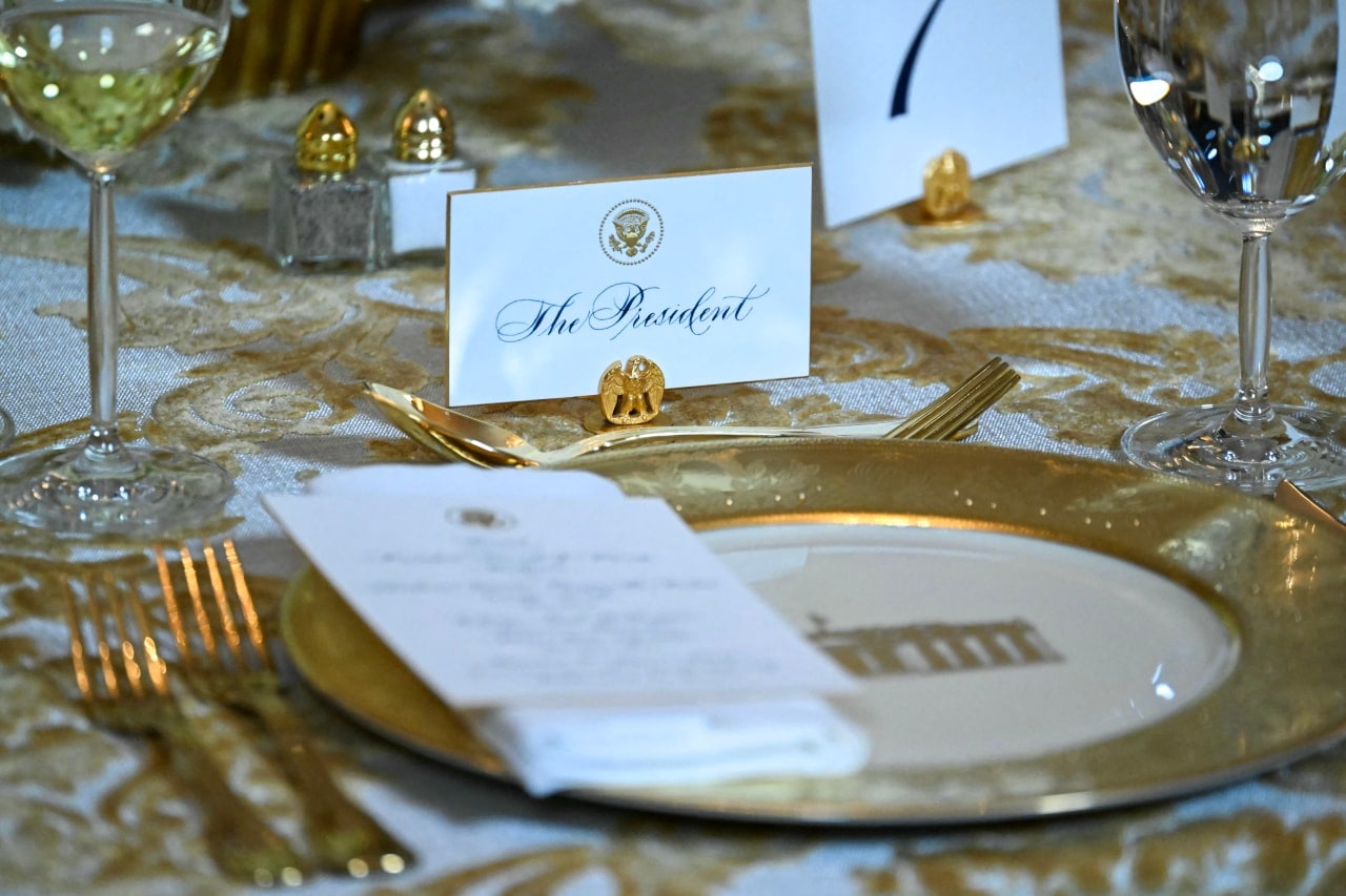 A place setting for the White House dinner for ballroom donors in October. A place setting for the White House dinner for ballroom donors in October.