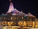 A view of Shri Ram Janmabhoomi Mandir during the inauguration of permanent architectural night illumination, in Ayodhya on Friday. (@ShriRamTeerth X/ANI Photo)