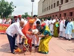 Opposition MPs stage a symbolic 'chanda chori' protest with donation boxes in the Parliament complex over the alleged theft of offerings at the Ram Temple in Ayodhya.