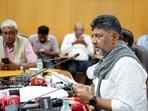 Karnataka Chief Minister DK Shivakumar addresses a press conference on Cauvery water at Vidhana Soudha, in Bengaluru on Friday.