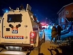 A view of a Police vehicle at a hospital, where the injured was admitted after a terrorist attack on non-local workers in Kellam area of Kulgam district.
