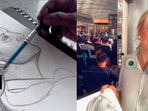 Artist gifts a hand drawn portrait to a foreign woman at the airport.