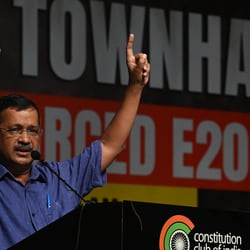 Aam Aadmi Party (AAP) national convener Arvind Kejriwal during the 'National Town Hall Against E20', at the Constitution Club, in New Delhi, India, on Saturday, August 1, 2026. 