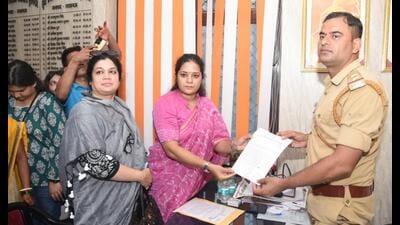 A delegation of Congress’s women wing submitting their complaint at a police station in Lucknow on August 1. (Sourced) A delegation of Congress’s women wing submitting their complaint at a police station in Lucknow on August 1. (Sourced)