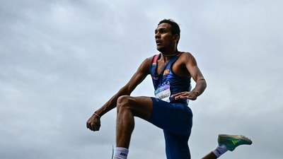 India's Selva Prabhu Thirumaran competes in the men's triple jump final. (AFP)