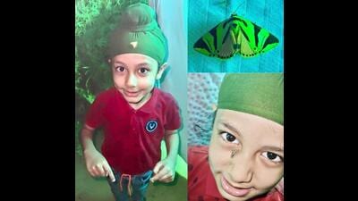 At the Sukhna Lake Nature Trail, moths alight on Variaam’s patka, below eyes, fingers et al; and his favourite one, a Hieroglyphic moth. (Navjot Singh) At the Sukhna Lake Nature Trail, moths alight on Variaam’s patka, below eyes, fingers et al; and his favourite one, a Hieroglyphic moth. (Navjot Singh)
