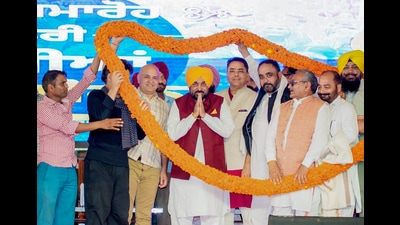 Punjab chief minister Bhagwant Mann during the financial assistance distribution function in Pathankot on Saturday. (@BhagwantMann X) Punjab chief minister Bhagwant Mann during the financial assistance distribution function in Pathankot on Saturday. (@BhagwantMann X)