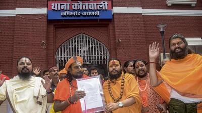 Seers submitted an application in Varanasi on Saturday to register an FIR against MPs after a protest over the alleged embezzlement of donations at the Ram temple. (PTI PHOTO) Seers submitted an application in Varanasi on Saturday to register an FIR against MPs after a protest over the alleged embezzlement of donations at the Ram temple. (PTI PHOTO)